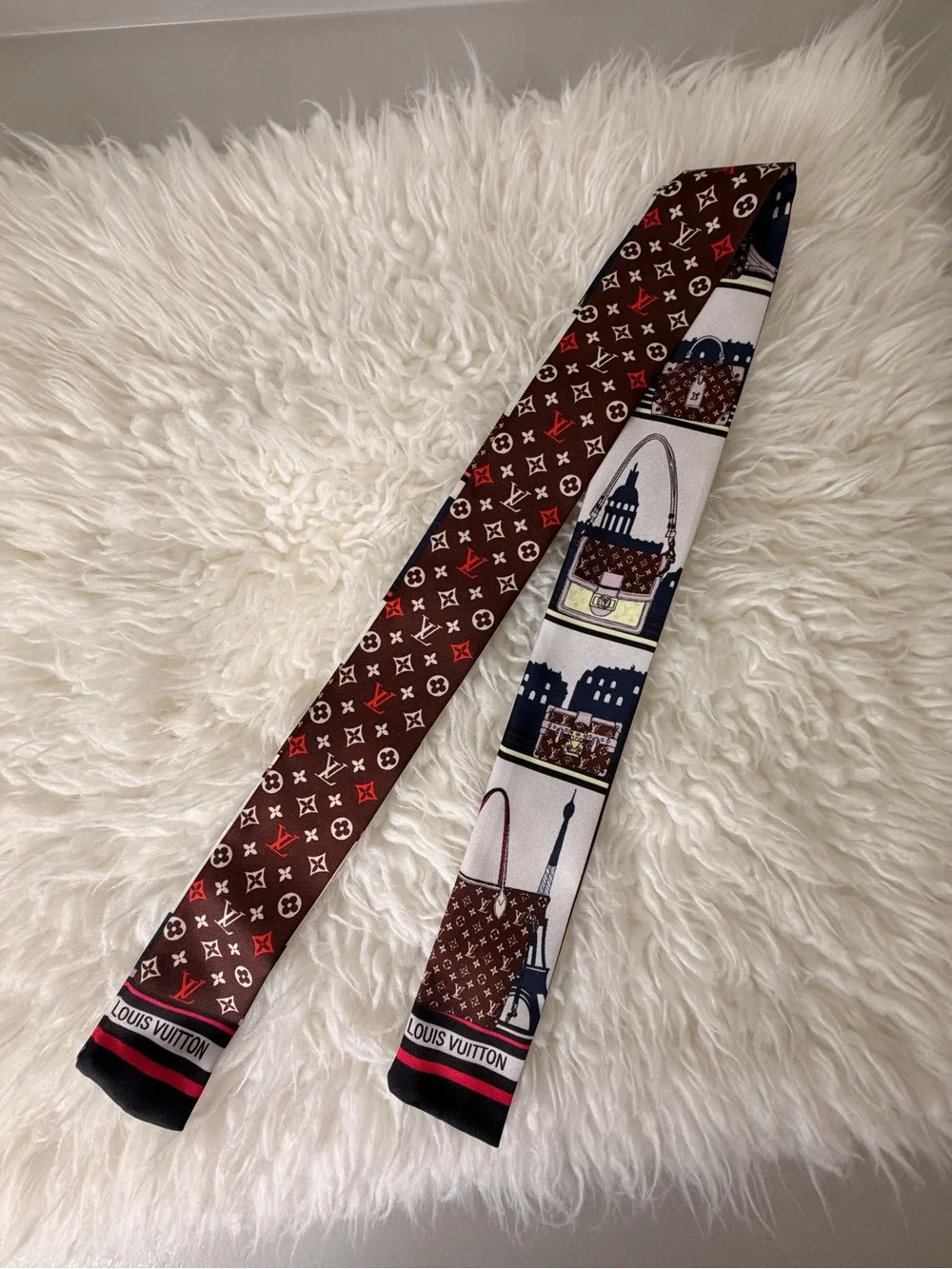 Brown and Red Monogram Silk Twilly Scarf